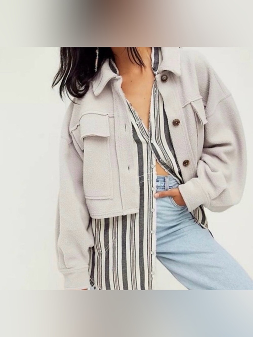 Free People Tan Cropped Button-Front Jacket